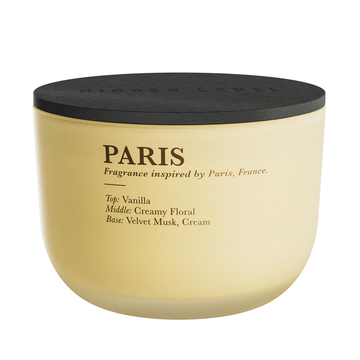 Hidden Label Vanilla Cream candle with triple-wick for an even burn and lasting fragrance.