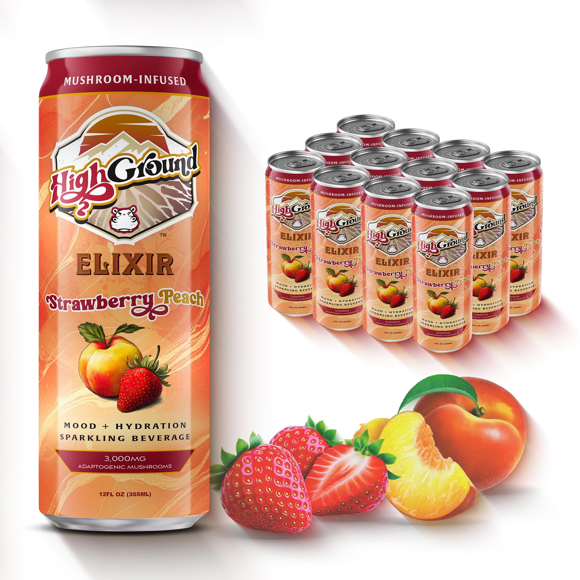 High Ground Elixir mushroom seltzer bottle pour showing strawberry peach flavor for a mindful sip