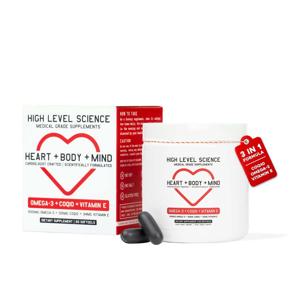 High Level CoQ10 Omega-3 softgels bottle pour for easy daily energy support
