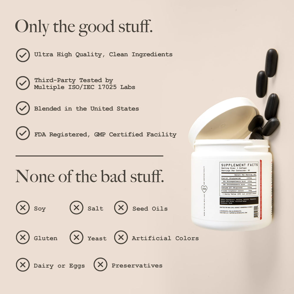 High Level bottle lifestyle shot suggesting daily wellness with omega-3 benefits