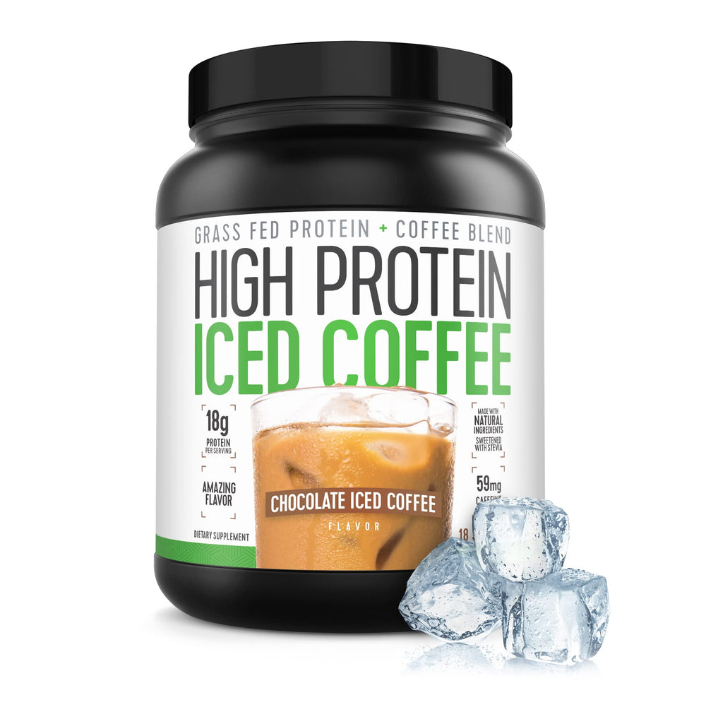 High Protein Coffee chocolate iced coffee bottle on counter evokes ready-to-drink power.