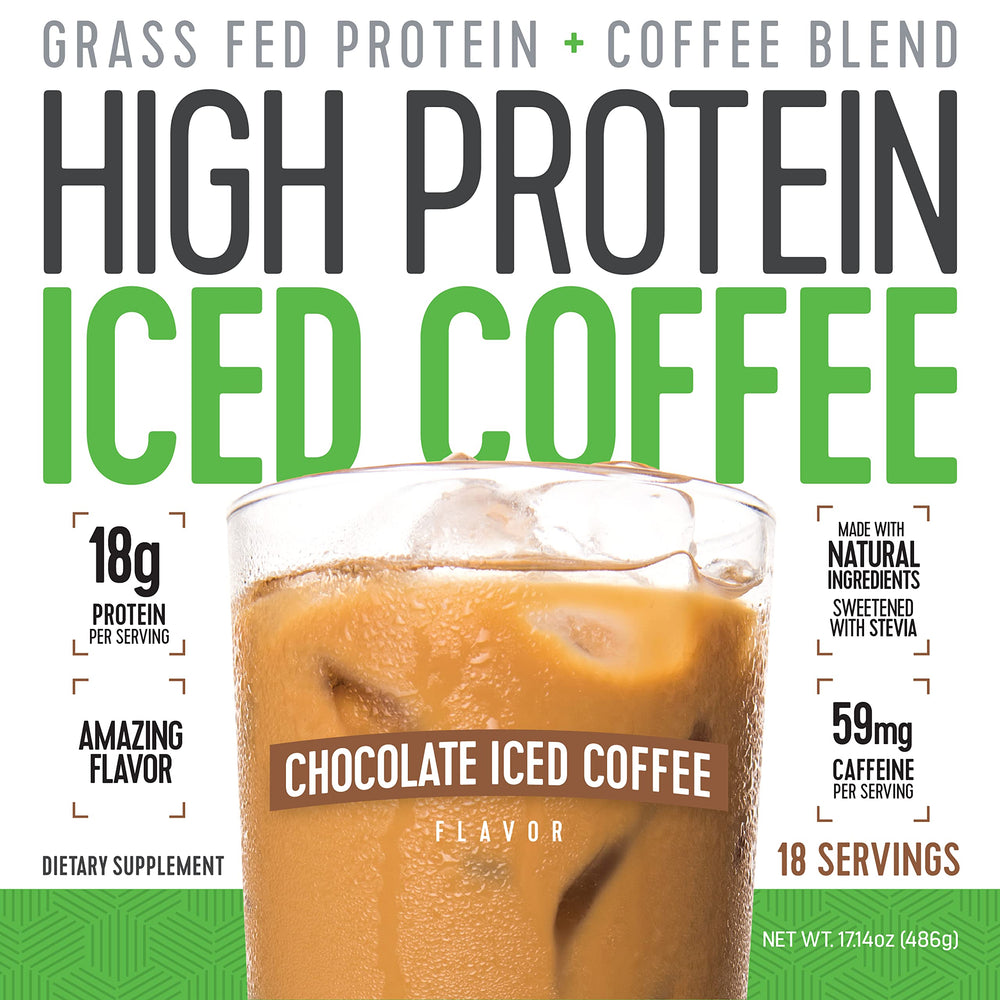 High Protein Coffee chocolate iced coffee label closeup shows keto-friendly gluten-free formula.
