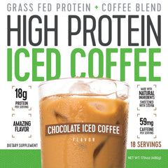 High Protein Coffee chocolate iced coffee label closeup shows keto-friendly gluten-free formula.