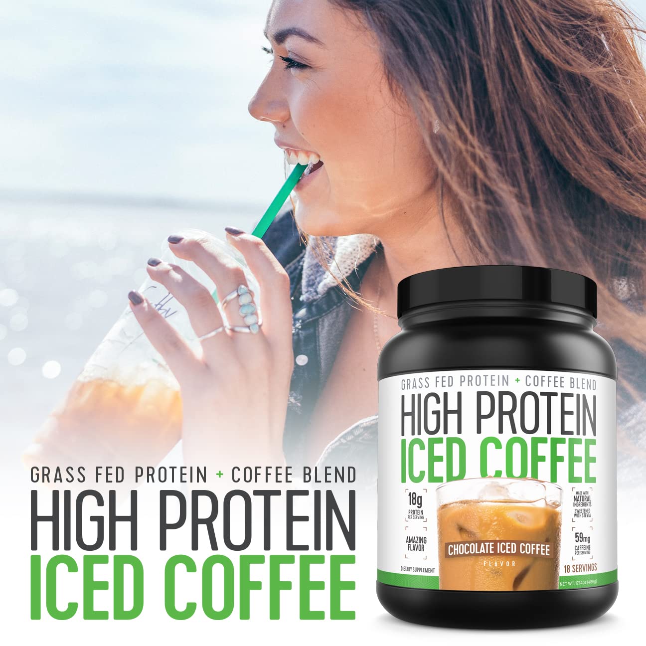 High Protein Coffee chocolate iced coffee packaging highlights convenient on-the-go protein.