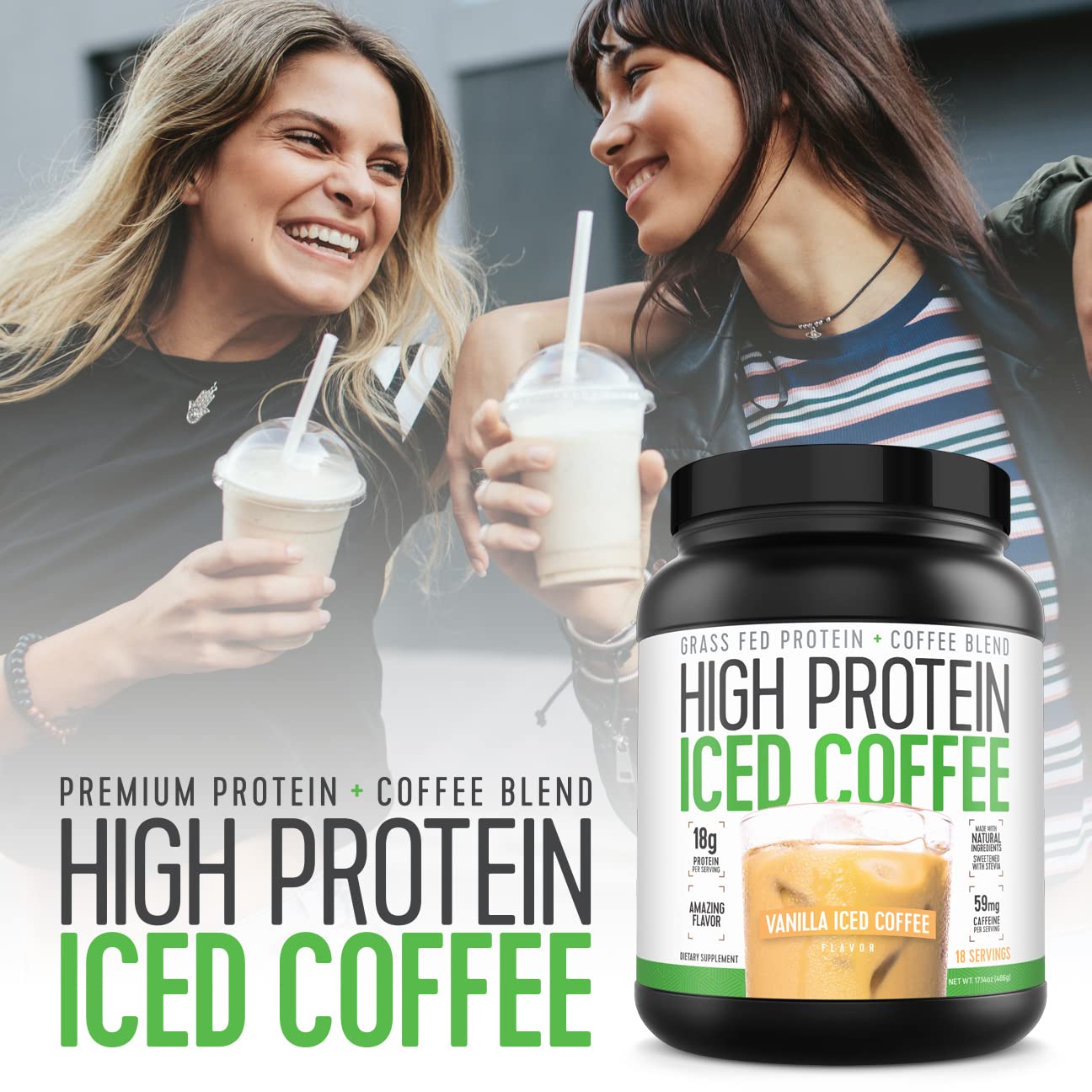 Glass of High Protein Iced Coffee with a straw ready to drink