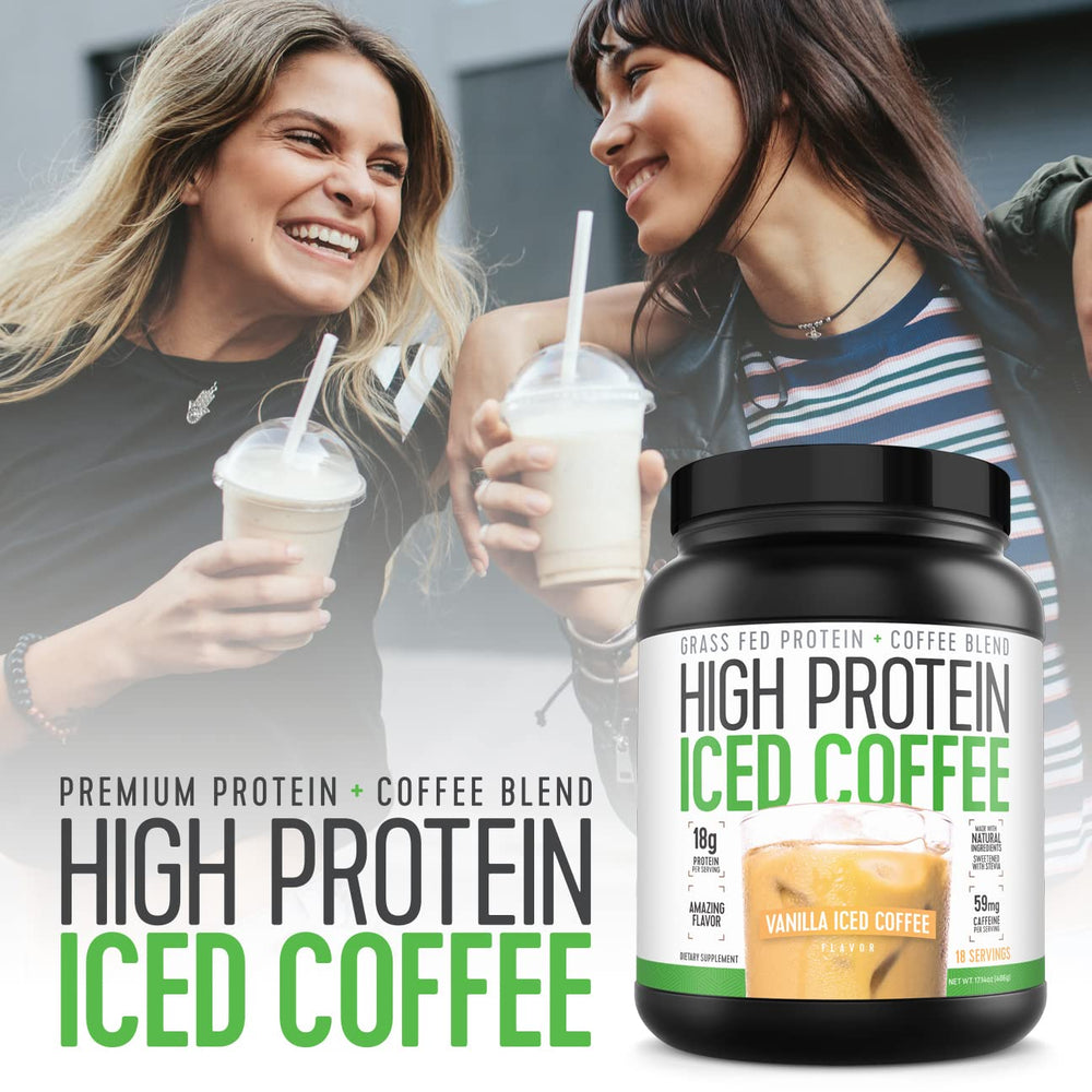 Glass of High Protein Iced Coffee with a straw ready to drink
