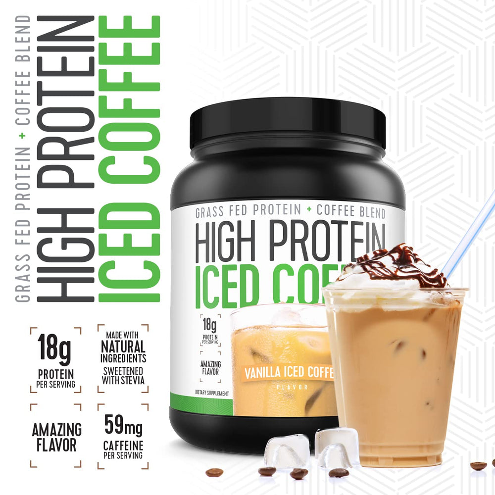 High Protein Iced Coffee pictured on a workout bag for on-the-go use