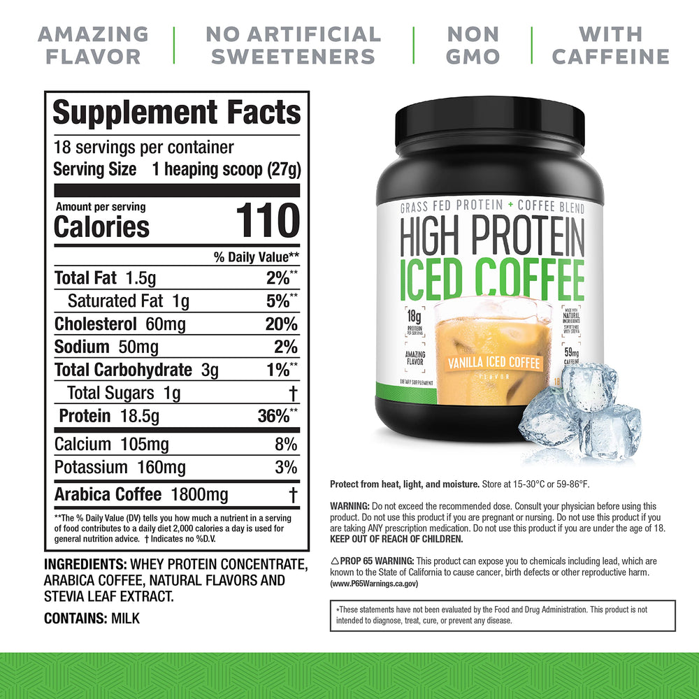 Label on High Protein Iced Coffee Vanilla Latte showing 18g protein
