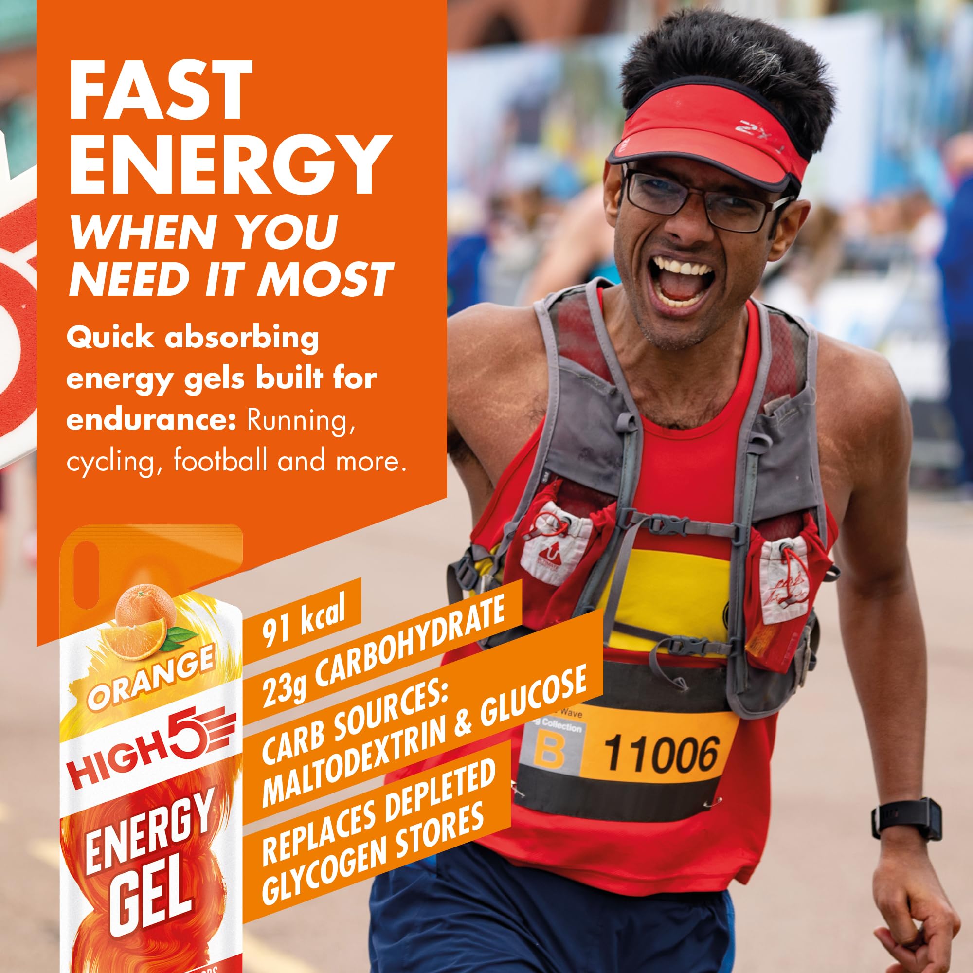 HIGH5 Energy Gel Juicy Orange sachet open top, ready for easy consumption.