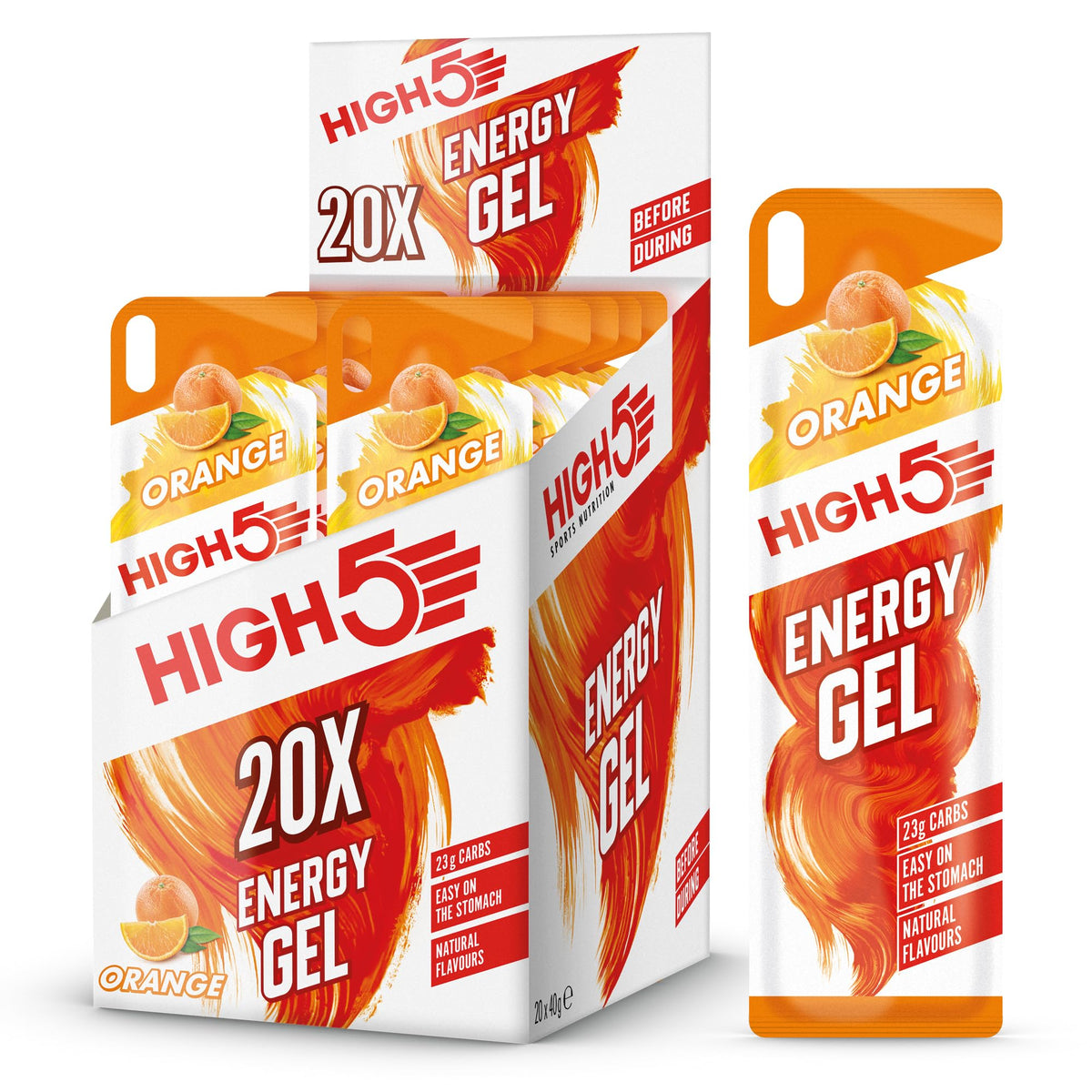 HIGH5 Energy Gel Juicy Orange sachet front view, convenient energy during workouts.