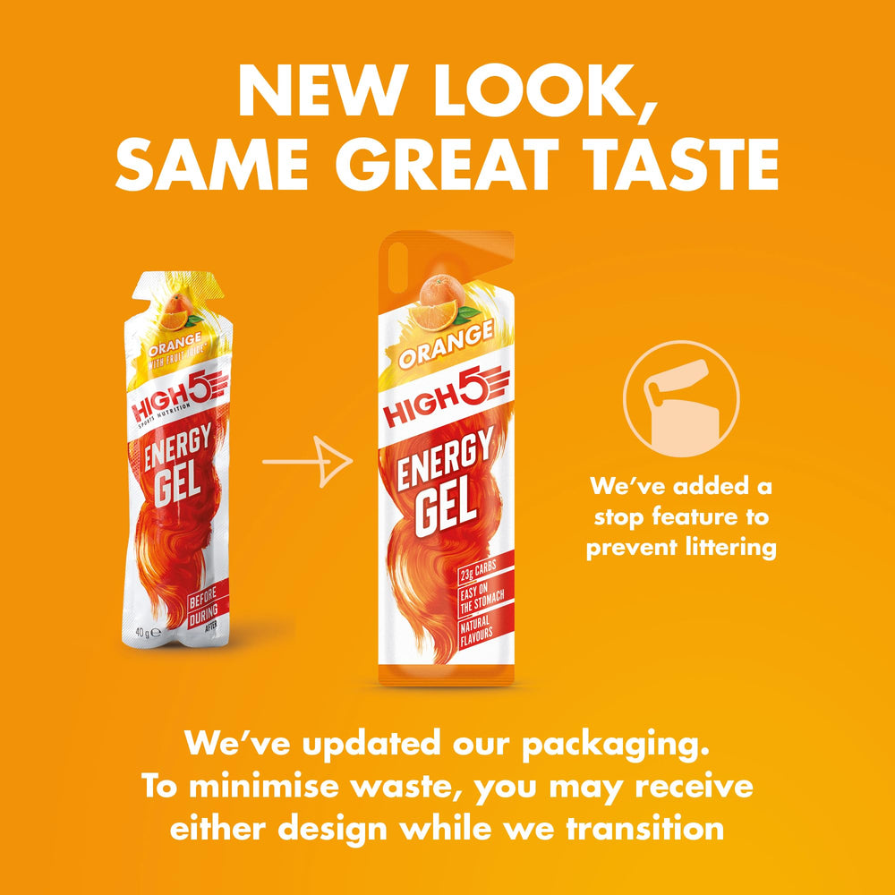 HIGH5 Energy Gel Juicy Orange packaging varies; product remains the same.