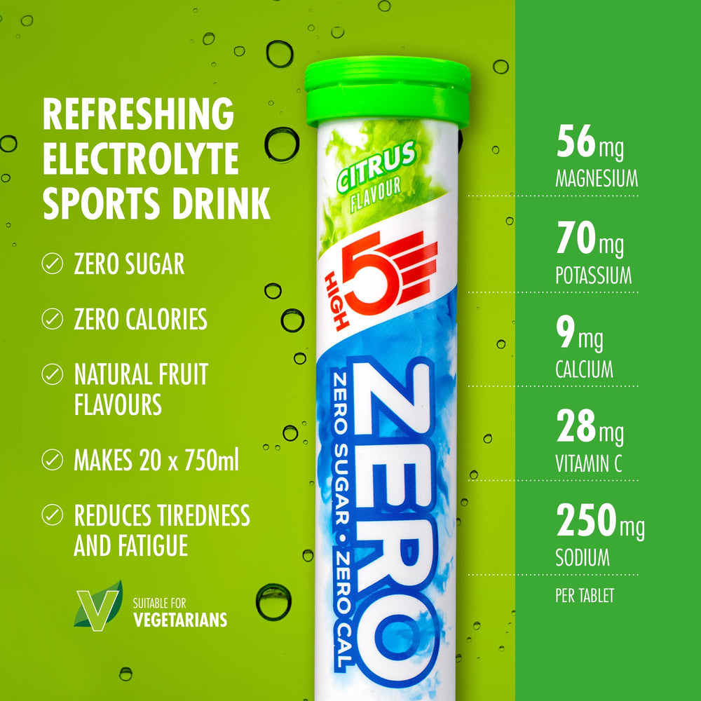HIGH5 Zero Citrus tablets citrus-drink close-up with electrolyte-rich hydration.