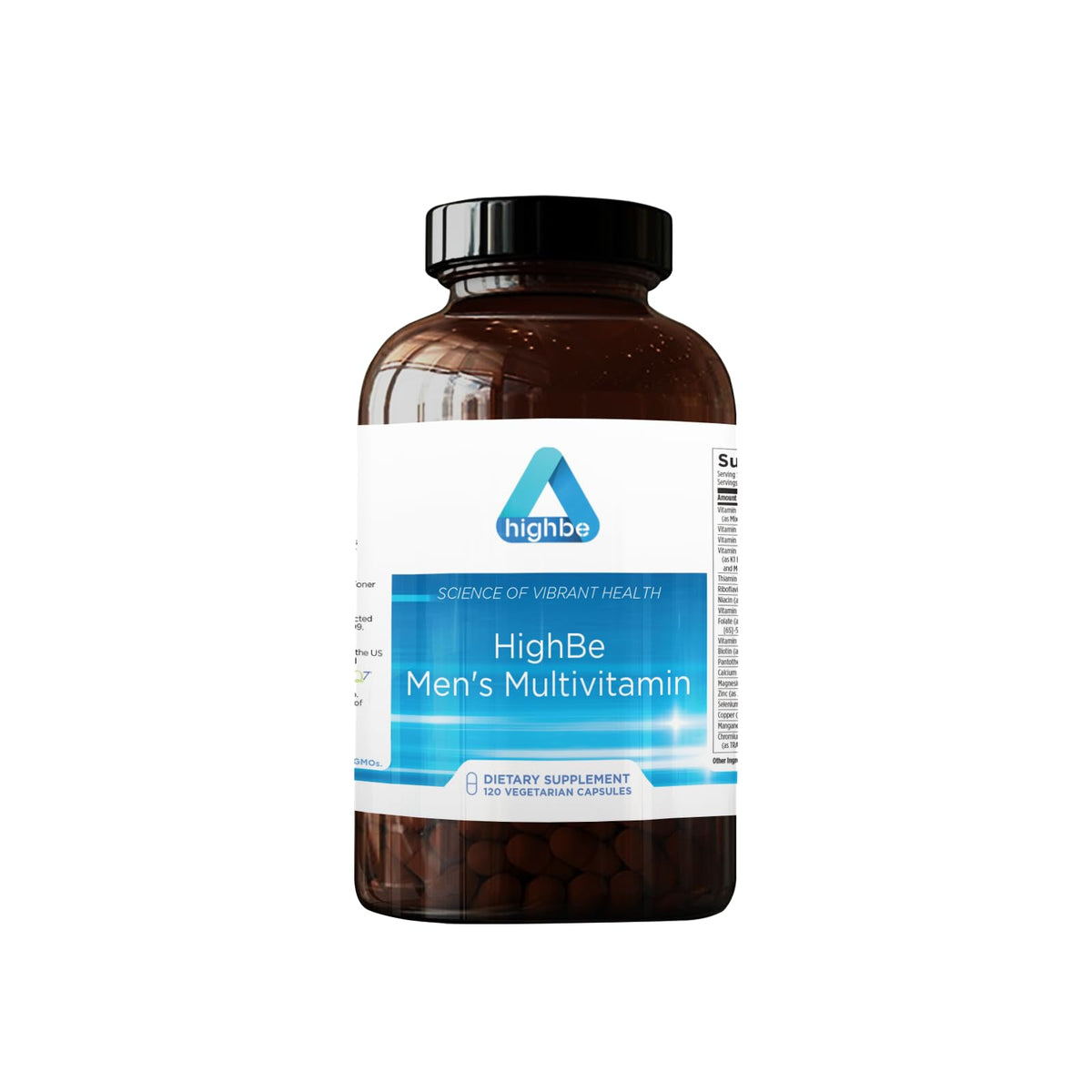HighBe Men's Multivitamin bottle label showcasing vegan, clinically formulated support for daily wellness.