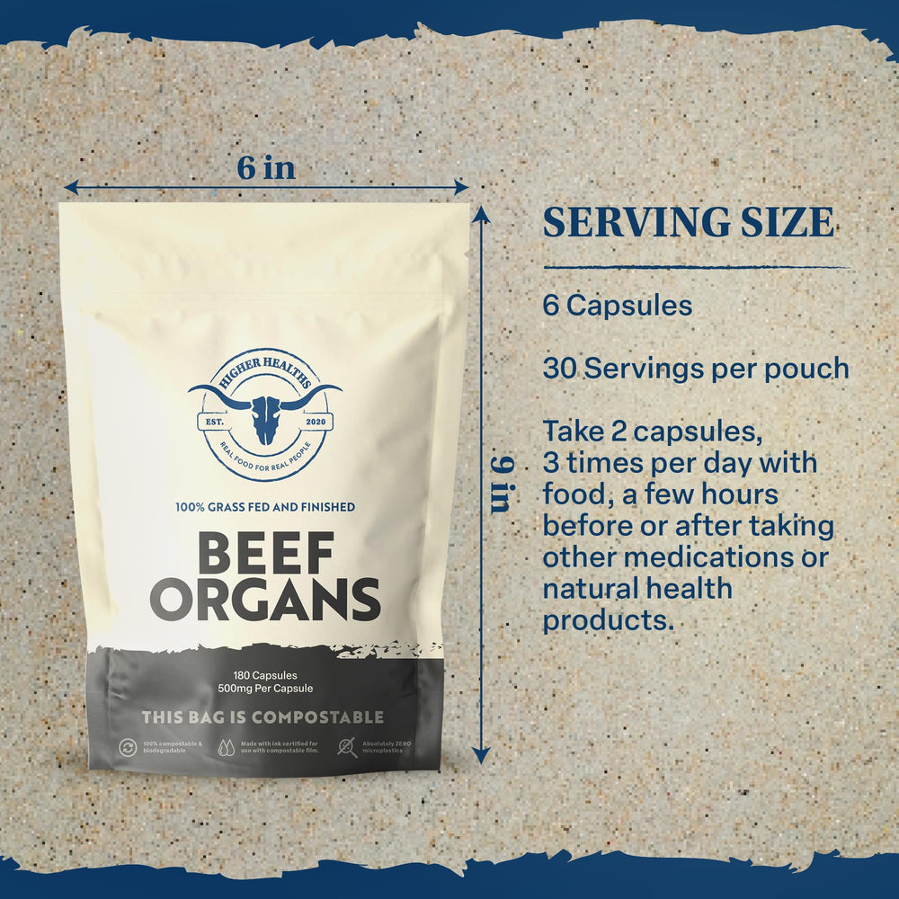 Higher Healths Beef Organs bottle with carnivore-friendly supplements in view