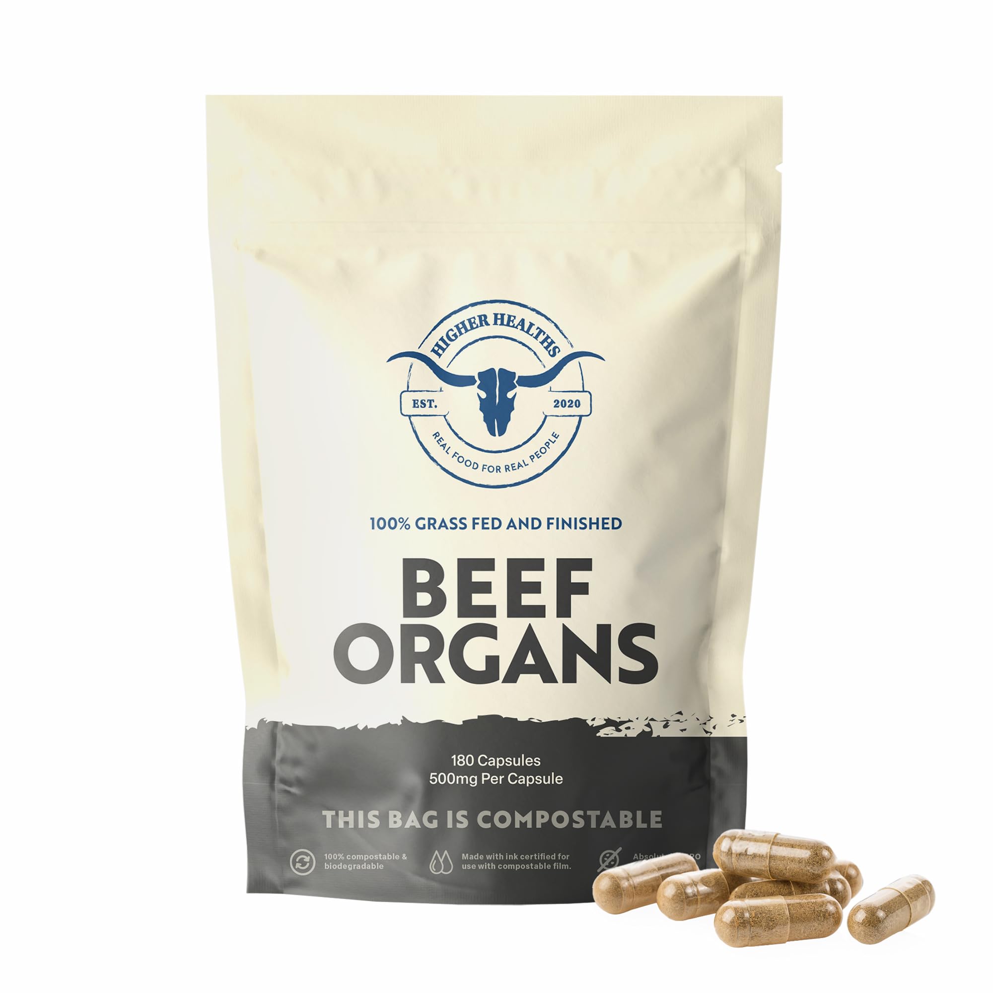 Higher Healths Beef Organs bottle close-up with 180 capsules for daily nutrition