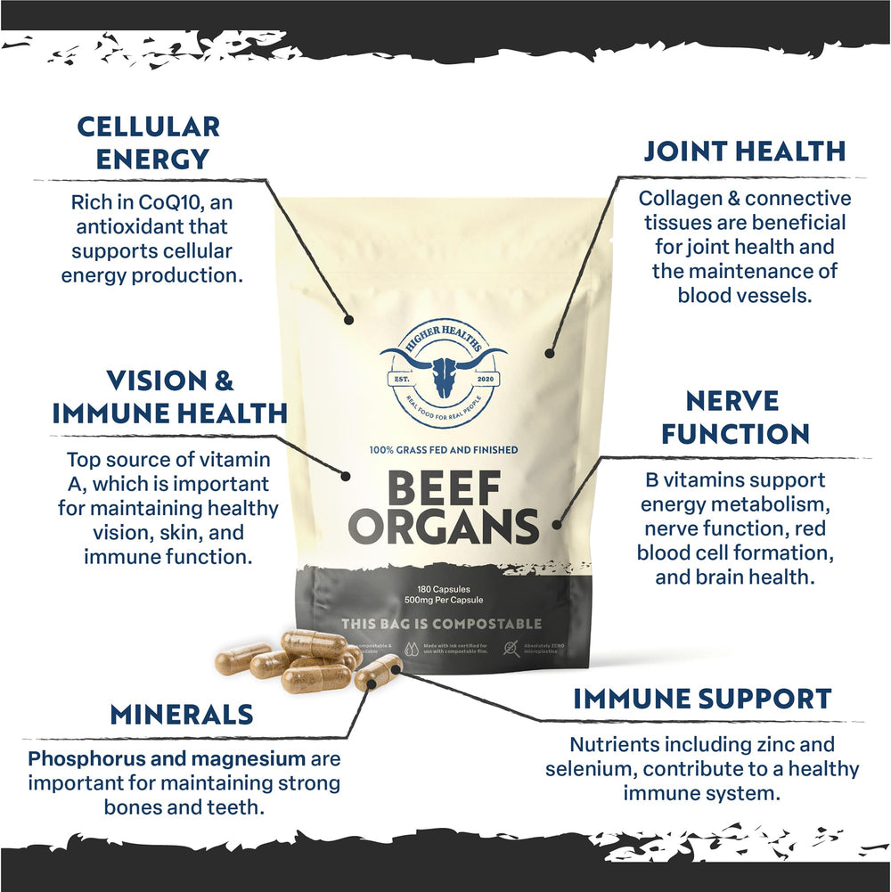 Higher Healths Beef Organs capsules poured for easy daily dosing