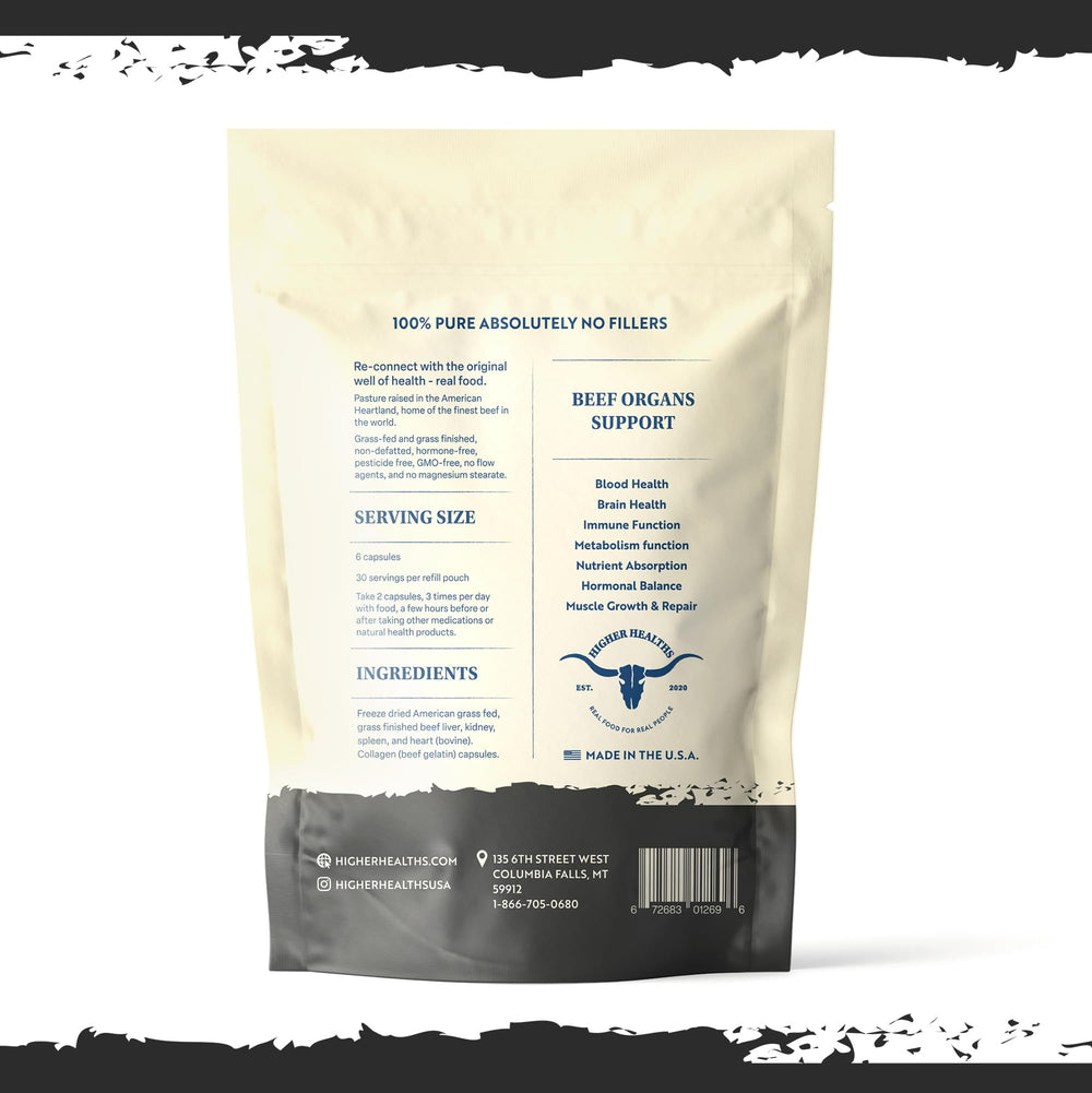 Higher Healths Beef Organs label detail highlighting USA-sourced ingredients