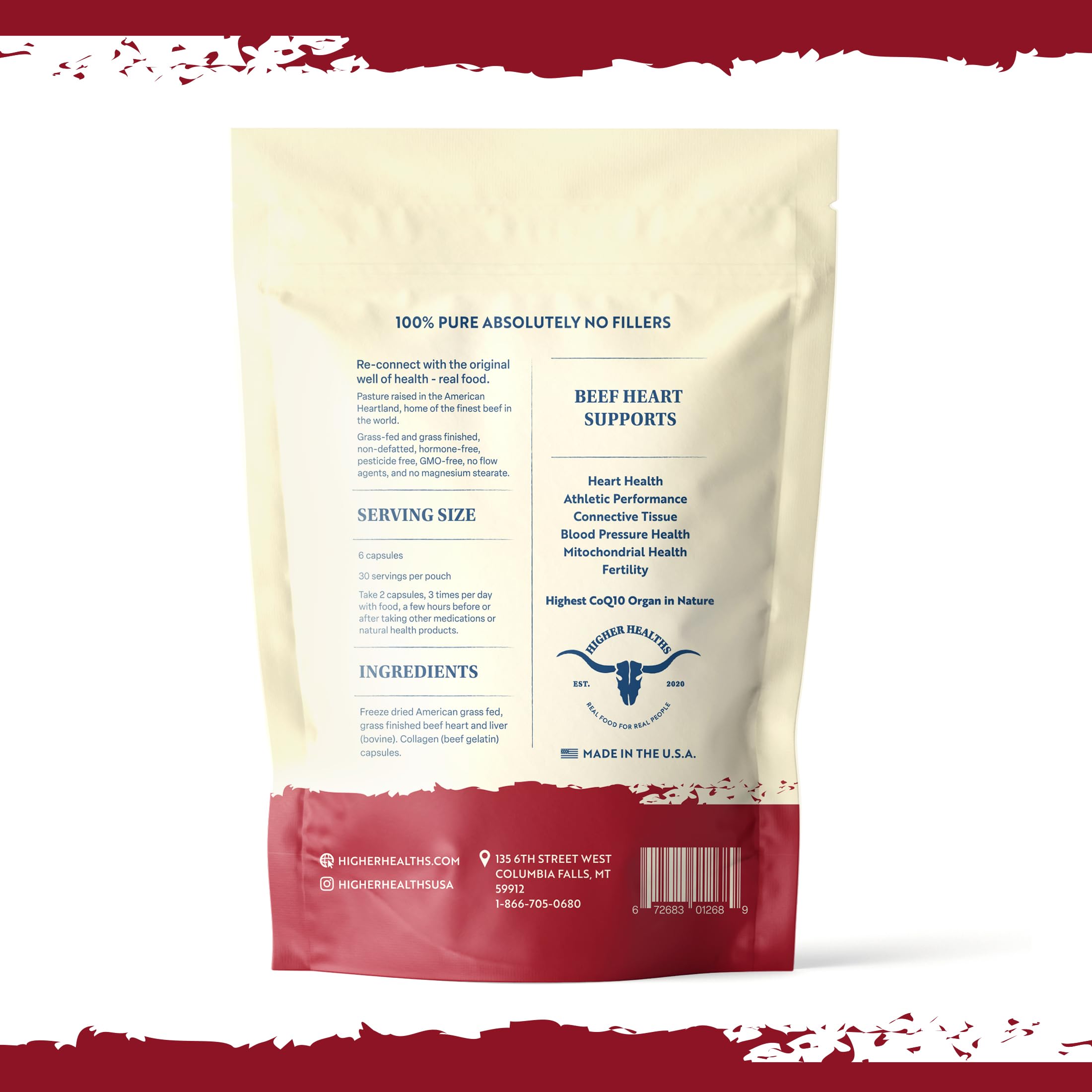 Closeup of Higher Healths beef heart capsules showing compact, nutrient-dense form