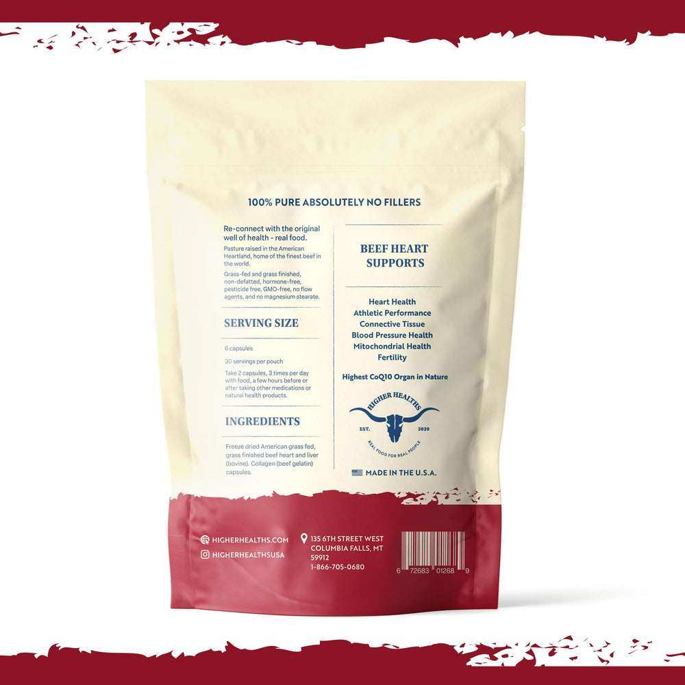 Closeup of Higher Healths beef heart capsules showing compact, nutrient-dense form