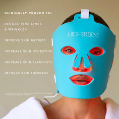 HigherDOSE LED therapy mask in use highlights red and near-infrared wavelengths.