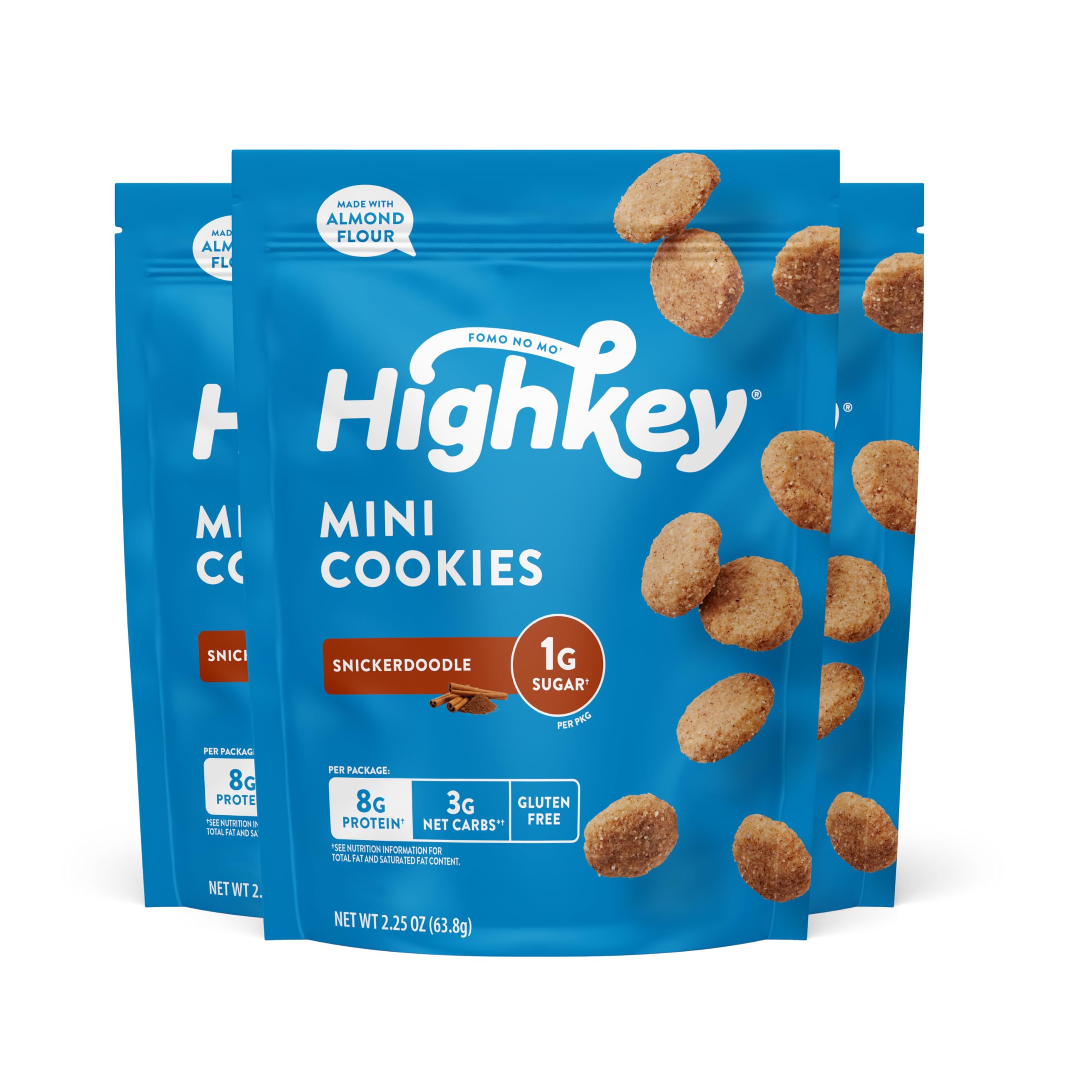 HIGHKEY Snickerdoodle 3-pack display shows a convenient keto-friendly snack.