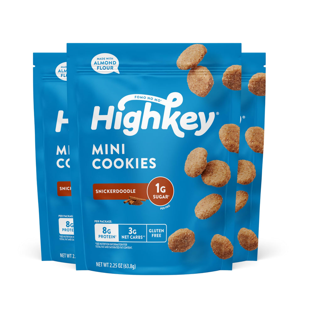 HIGHKEY Snickerdoodle 3-pack display shows a convenient keto-friendly snack.