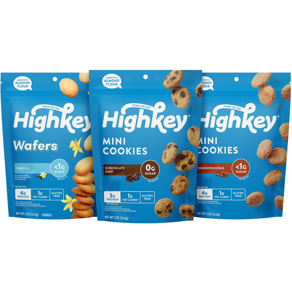 HighKey Sugar Free Cookies Variety Pack pack shot highlights three flavors for keto-friendly snacking.