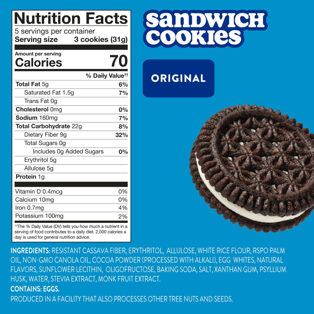HIGHKEY Sugar Free Sandwich Cookies side view showing creamy filling and zero sugar.