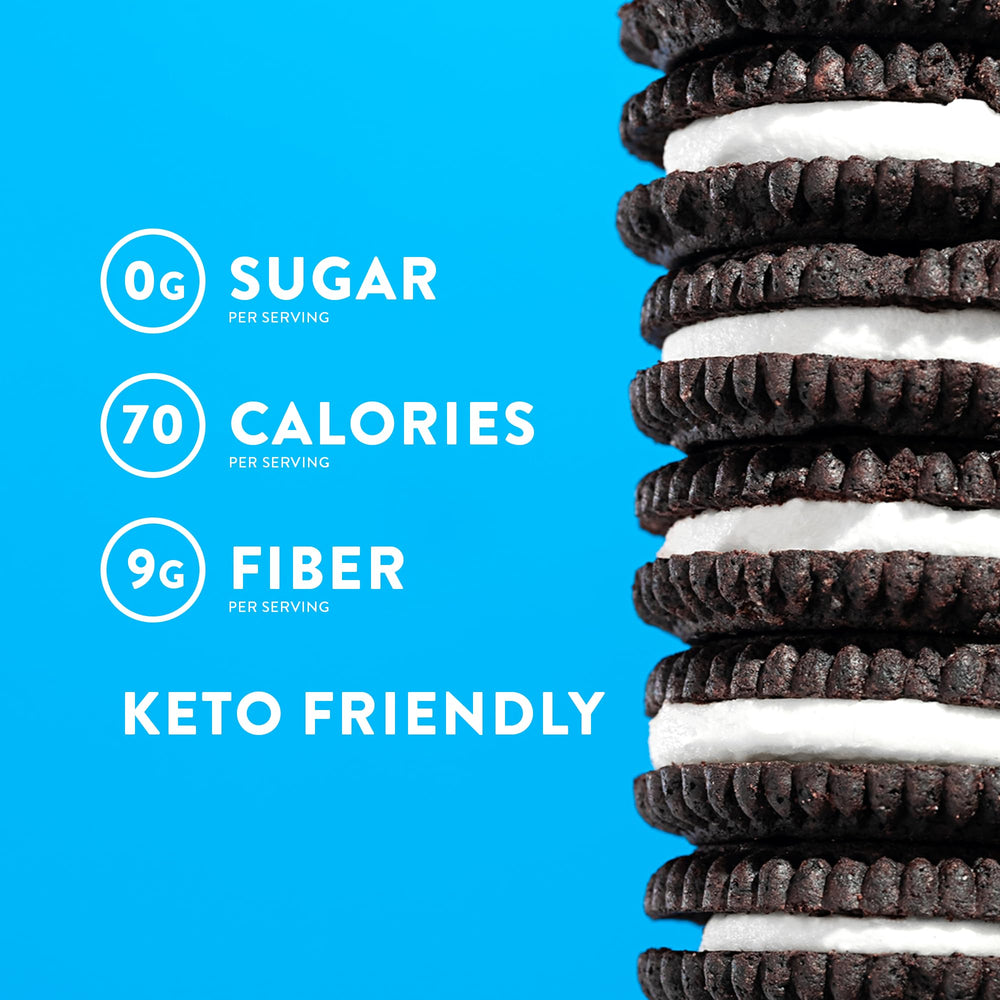 Close-up of HIGHKEY cookies stacked shows cocoa flavor and gluten-free goodness.