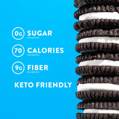 Close-up of HIGHKEY cookies stacked shows cocoa flavor and gluten-free goodness.
