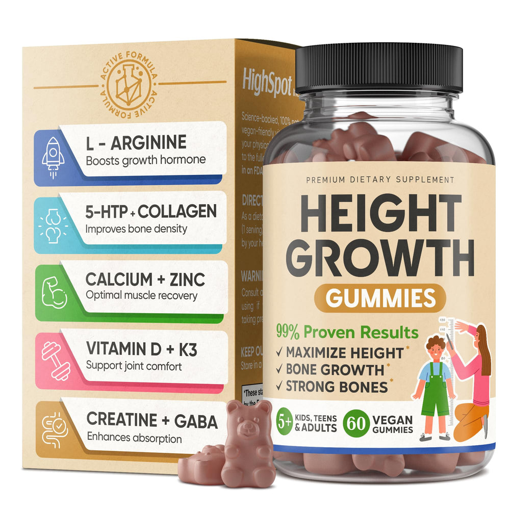 HighSpot Height Growth Gummies bottle on a desk, signaling bone-friendly nutrients for growth.