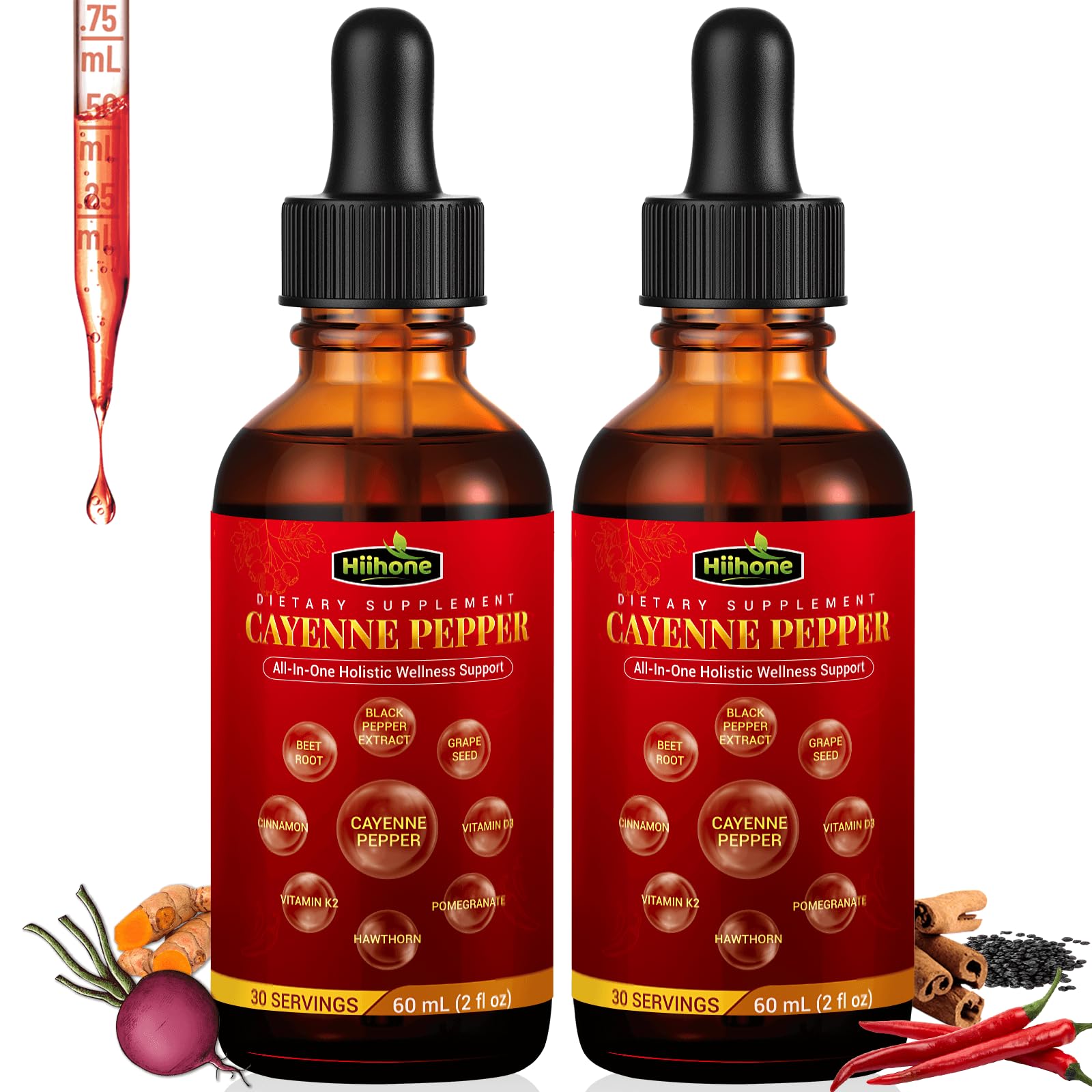 HIIHONE 10-in-1 Cayenne Drops bottle with dropper for convenient daily use.