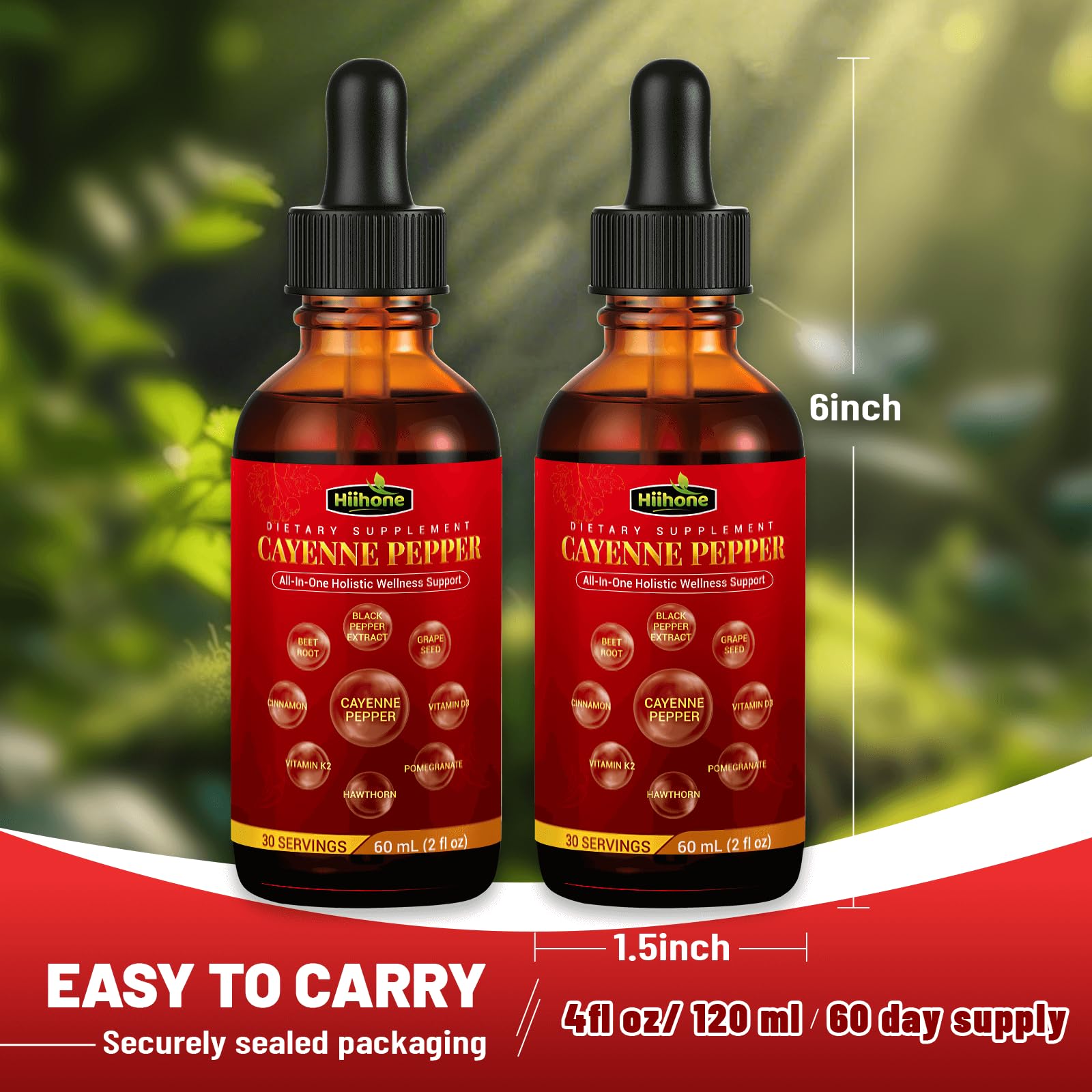 HIIHONE 2 ml dosing guide shown with bottle, easy daily use.
