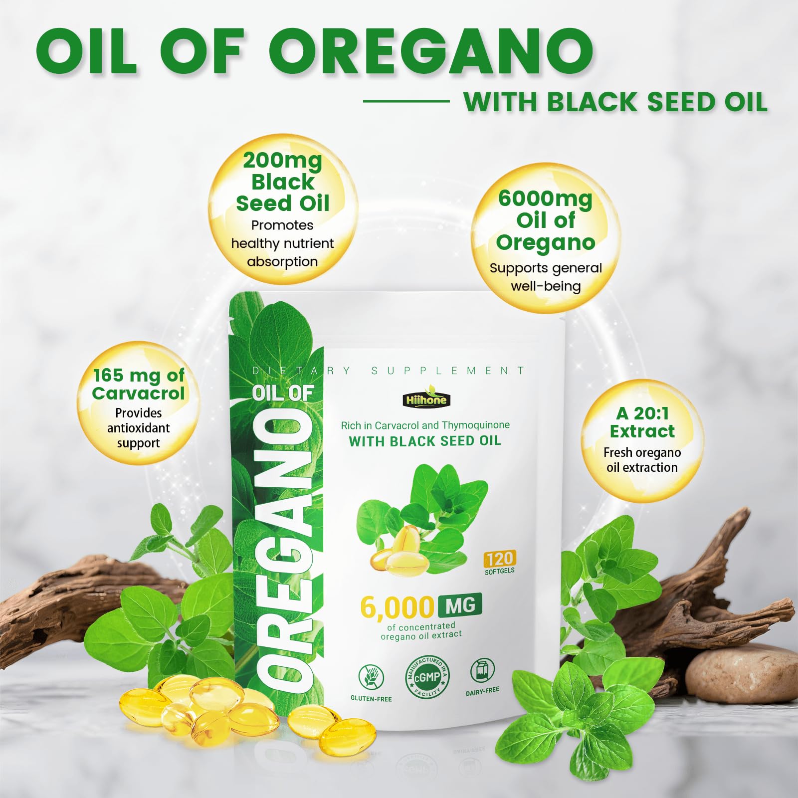Two-pack box display of HIIHONE oregano capsules for a longer supply.
