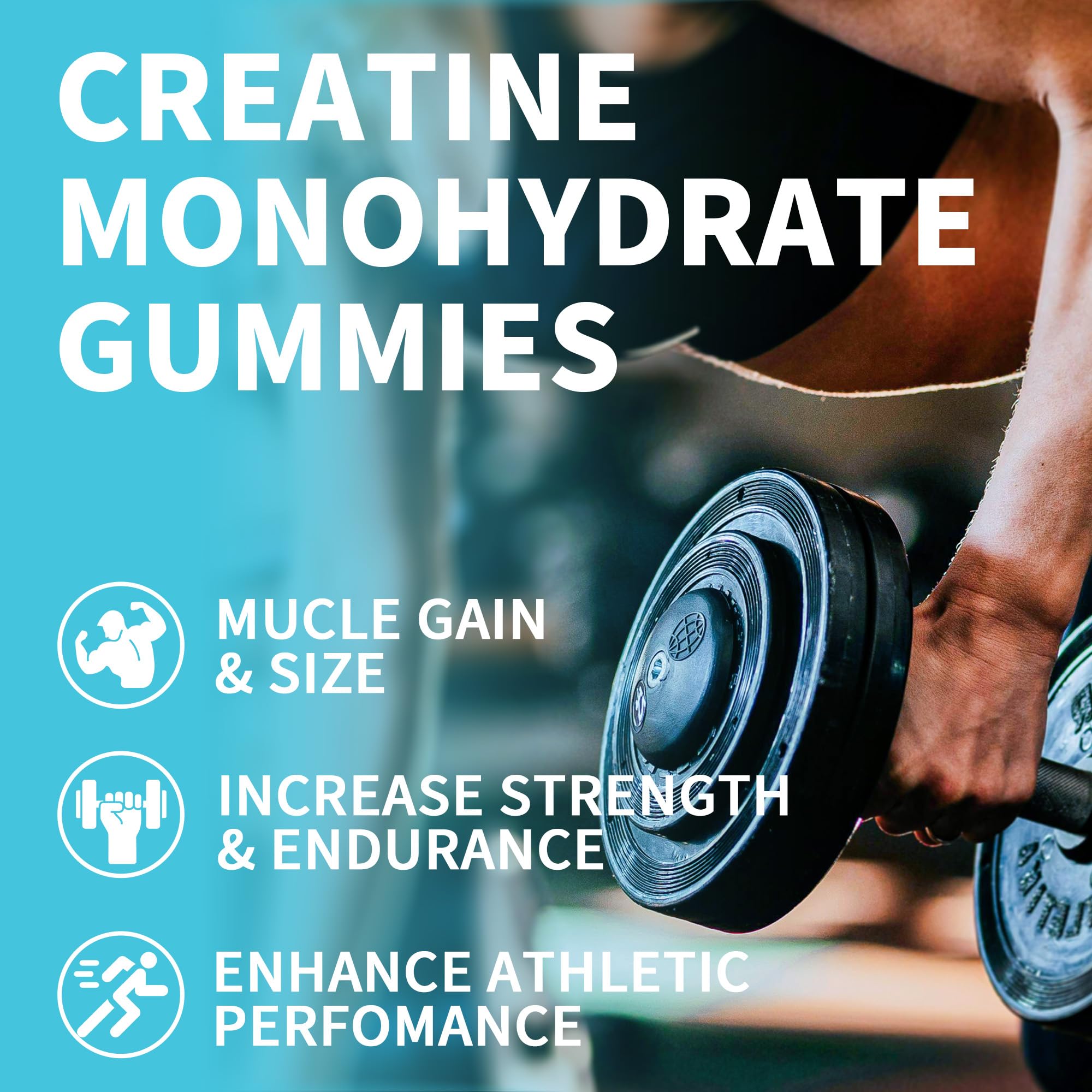 Hiiwell Creatine Monohydrate Gummies pouring from bottle with 150 gummies visible.