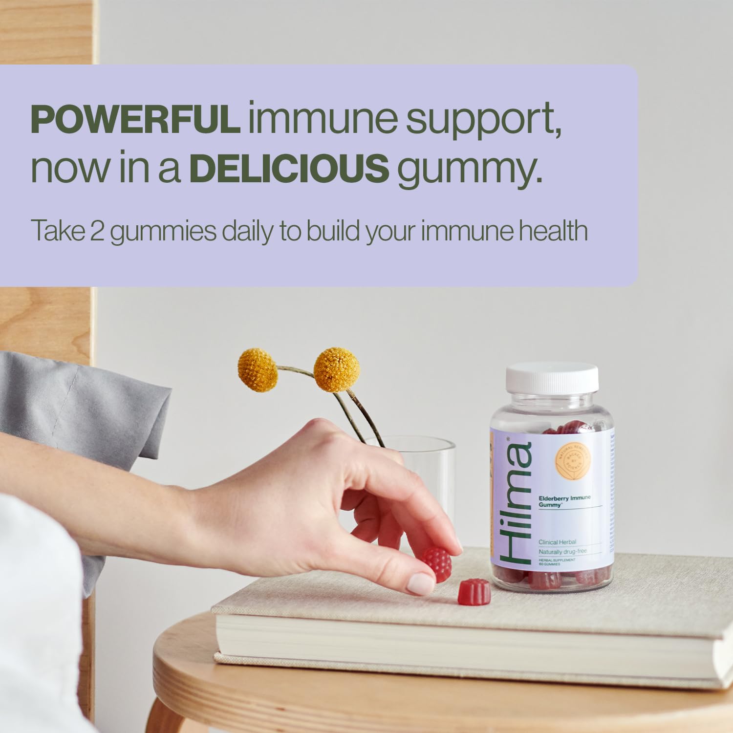 Hilma Elderberry Gummies close-up reveals glossy berry gummies with natural berry flavor.
