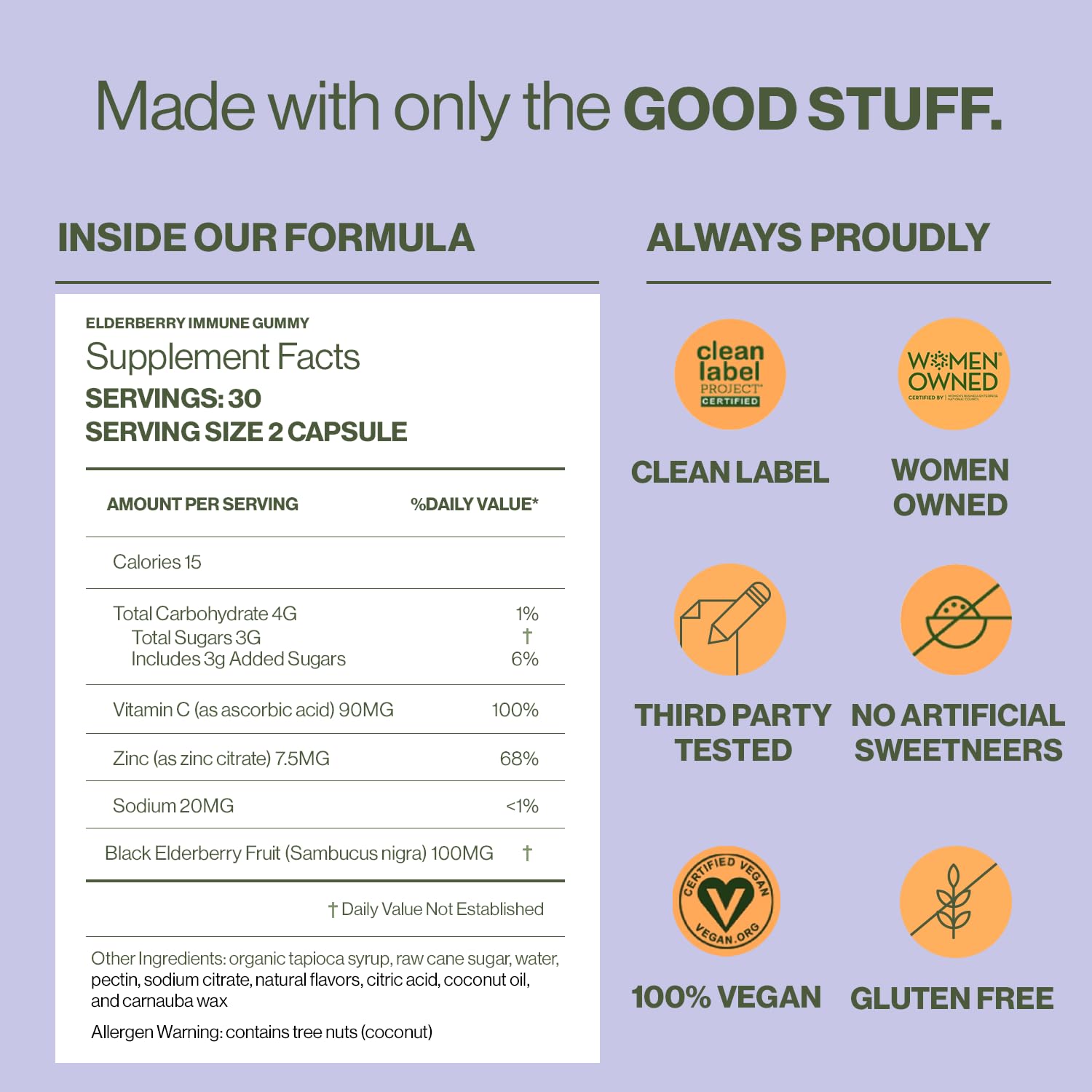 Hilma Elderberry Gummies ingredients panel lists elderberry, vitamin C, and zinc.