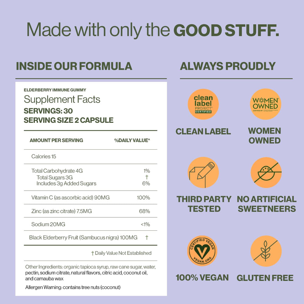 Hilma Elderberry Gummies ingredients panel lists elderberry, vitamin C, and zinc.