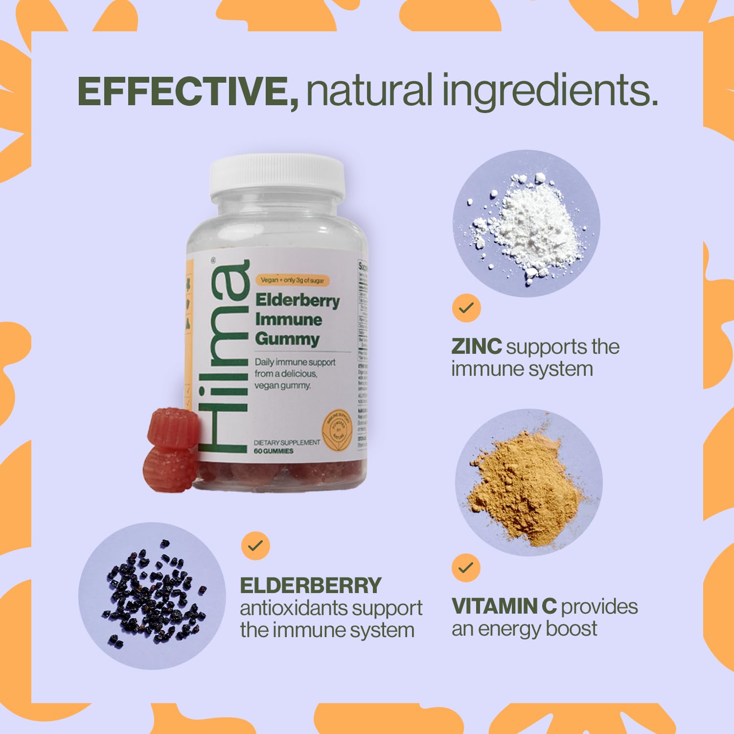 Hilma Elderberry Gummies label highlights vegan, non-GMO, and Clean Label certification.