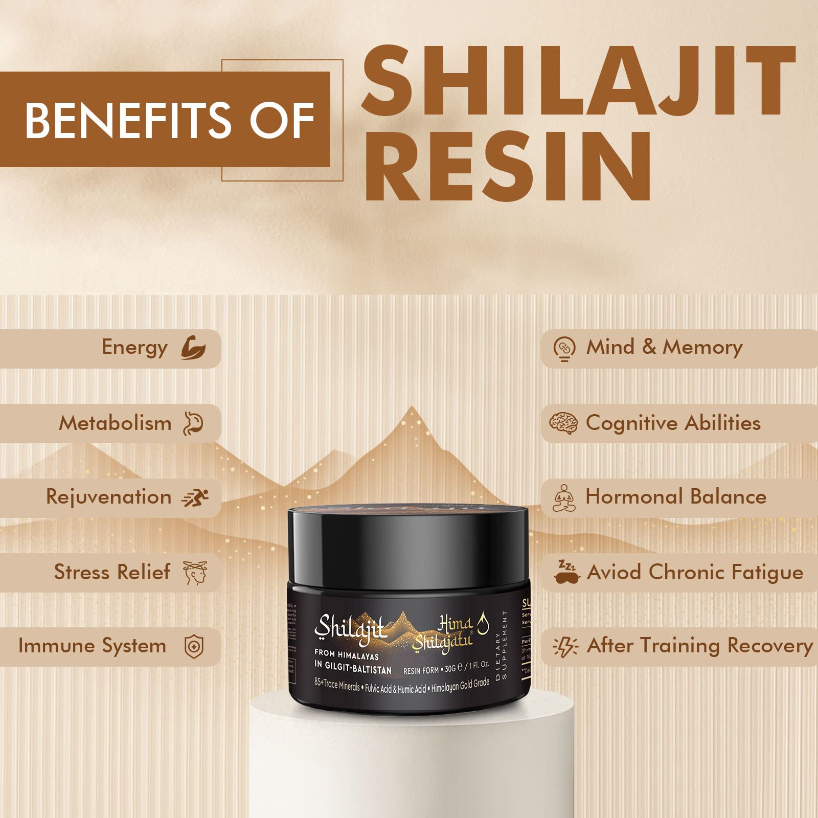 Hima Shilajatu 85+ minerals image highlights mineral-rich profile for energy support.