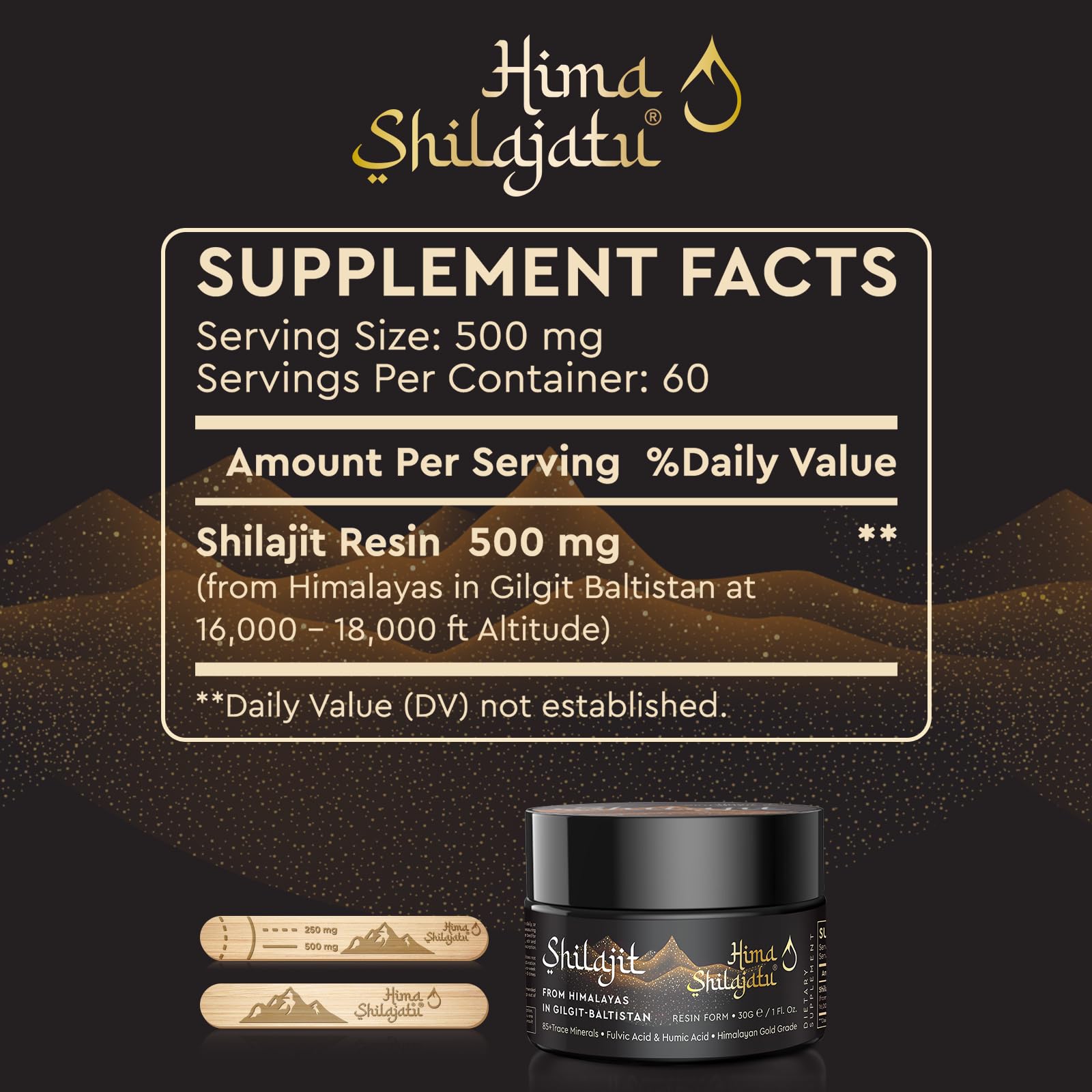 Hima Shilajatu fulvic-acid rich formulation close-up highlights mineral content for vitality.