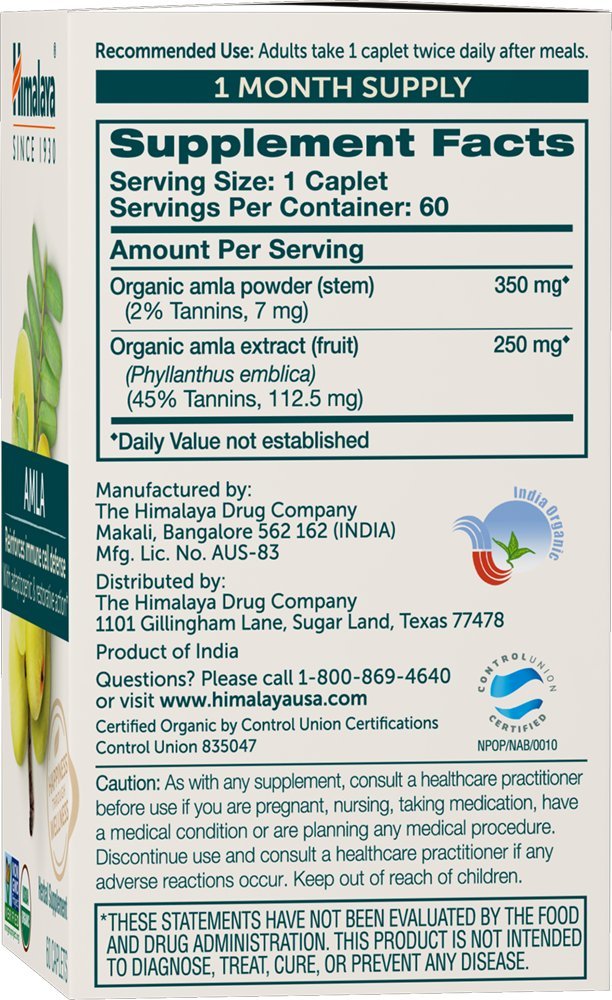 Himalaya Amla caplets packaging shows convenient daily dose.