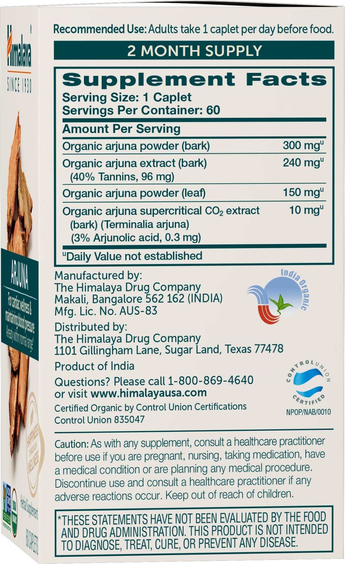 Himalaya Organic Arjuna label close-up shows organic, non-GMO formulation.