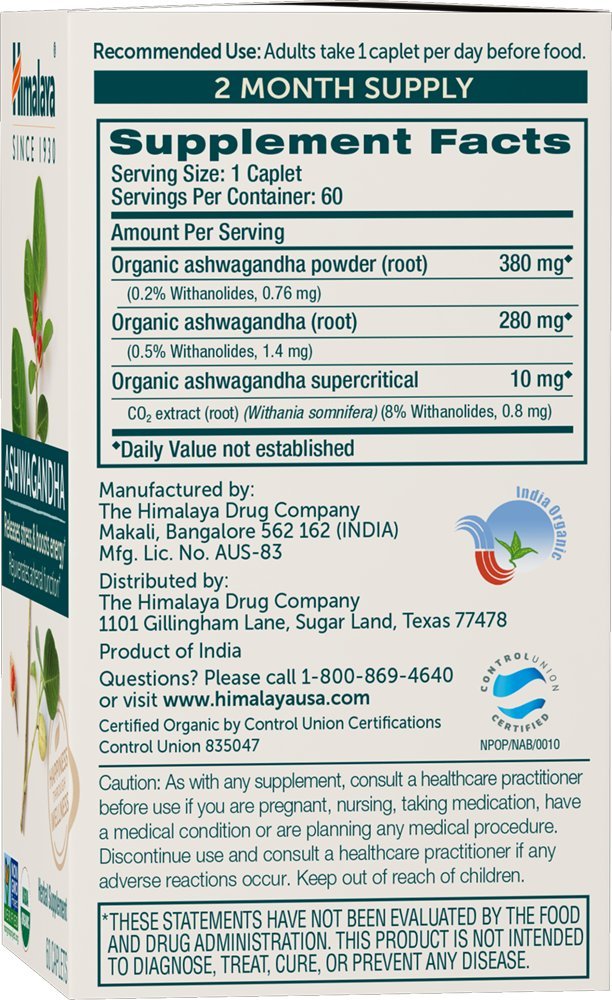 Himalaya Ashwagandha capsules 60-count close-up on bottle