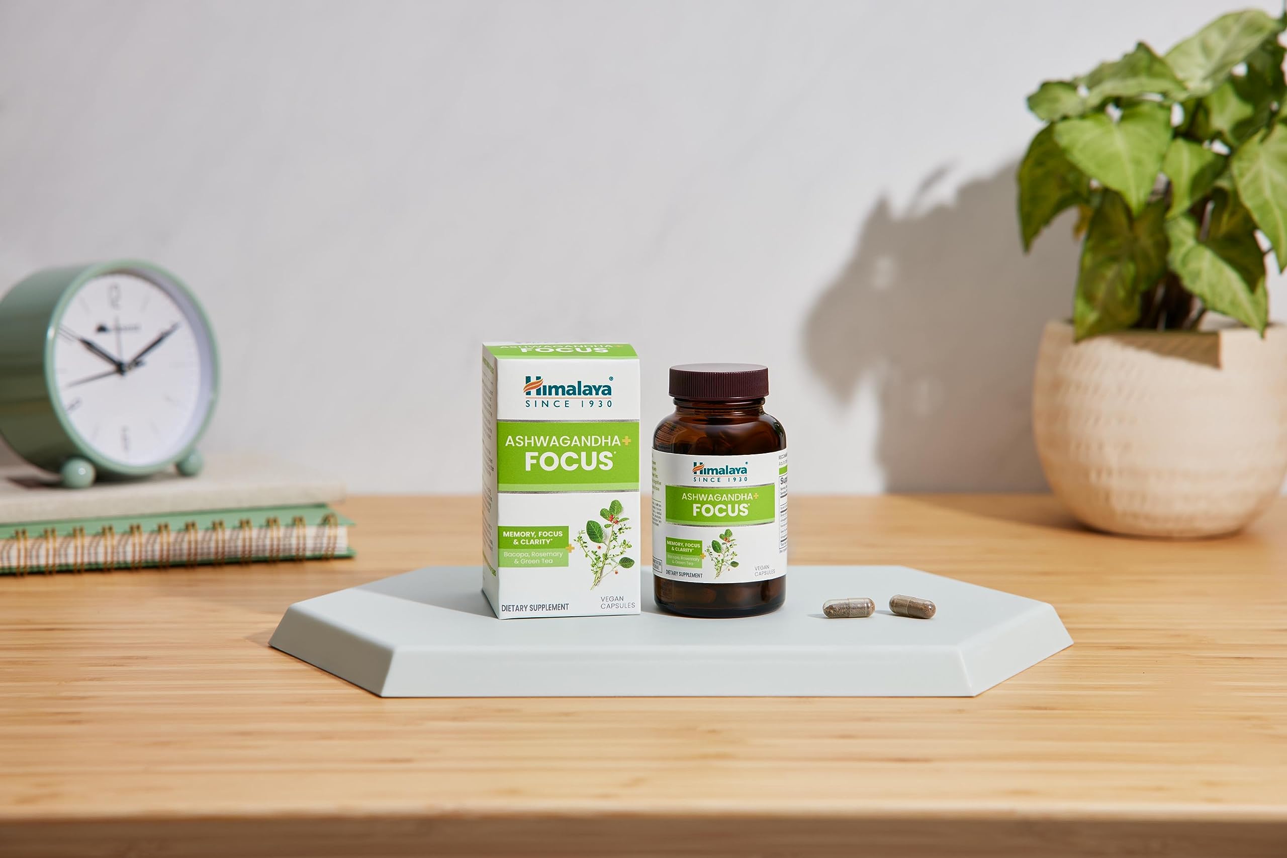Himalaya Ashwagandha Focus ingredients list displays B12, Bacopa, Green Tea.