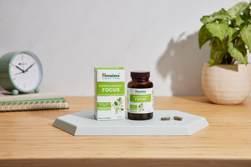 Himalaya Ashwagandha Focus ingredients list displays B12, Bacopa, Green Tea.