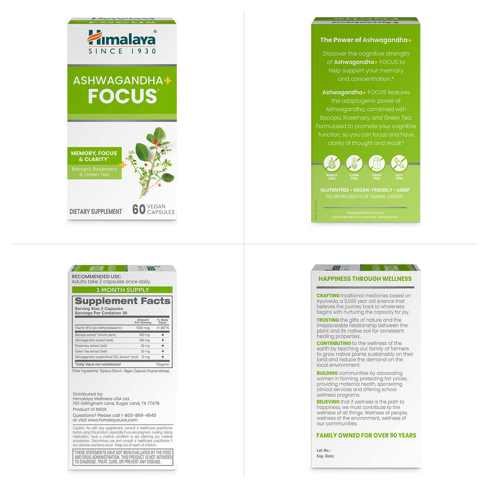 Himalaya Ashwagandha Focus bottle lineup showcases caplets.