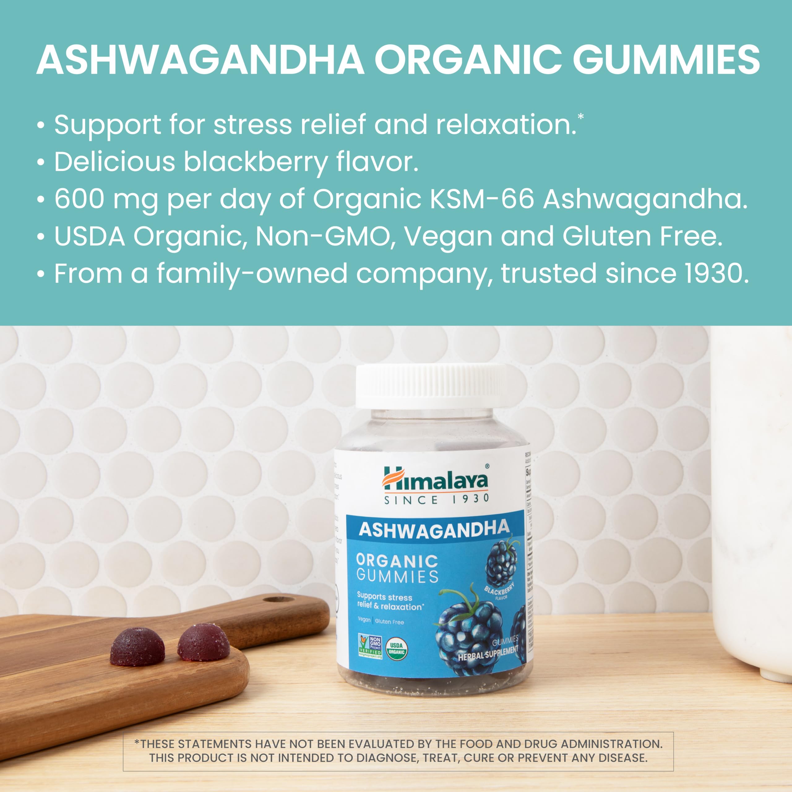 Himalaya Ashwagandha Gummies berry-flavored close-up showcases texture and natural color.