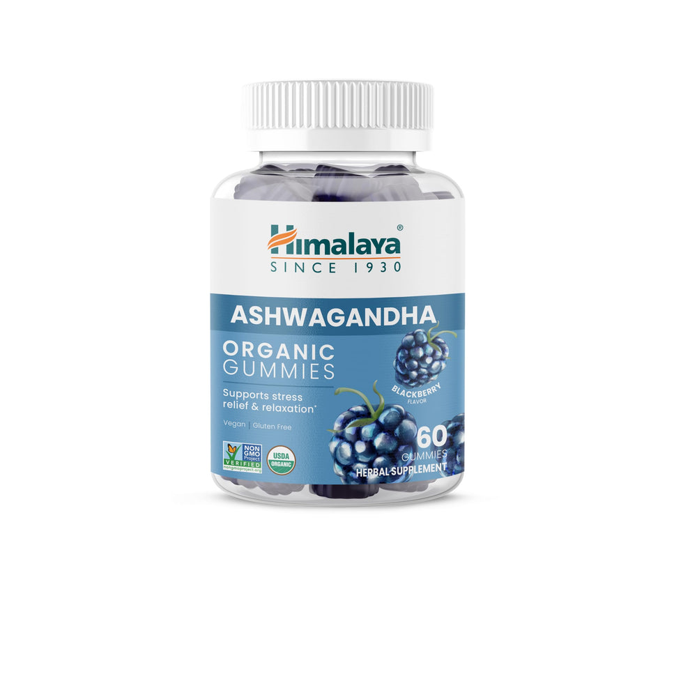 Himalaya Ashwagandha Gummies bottle front with blackberry flavor for daily calm and energy support.