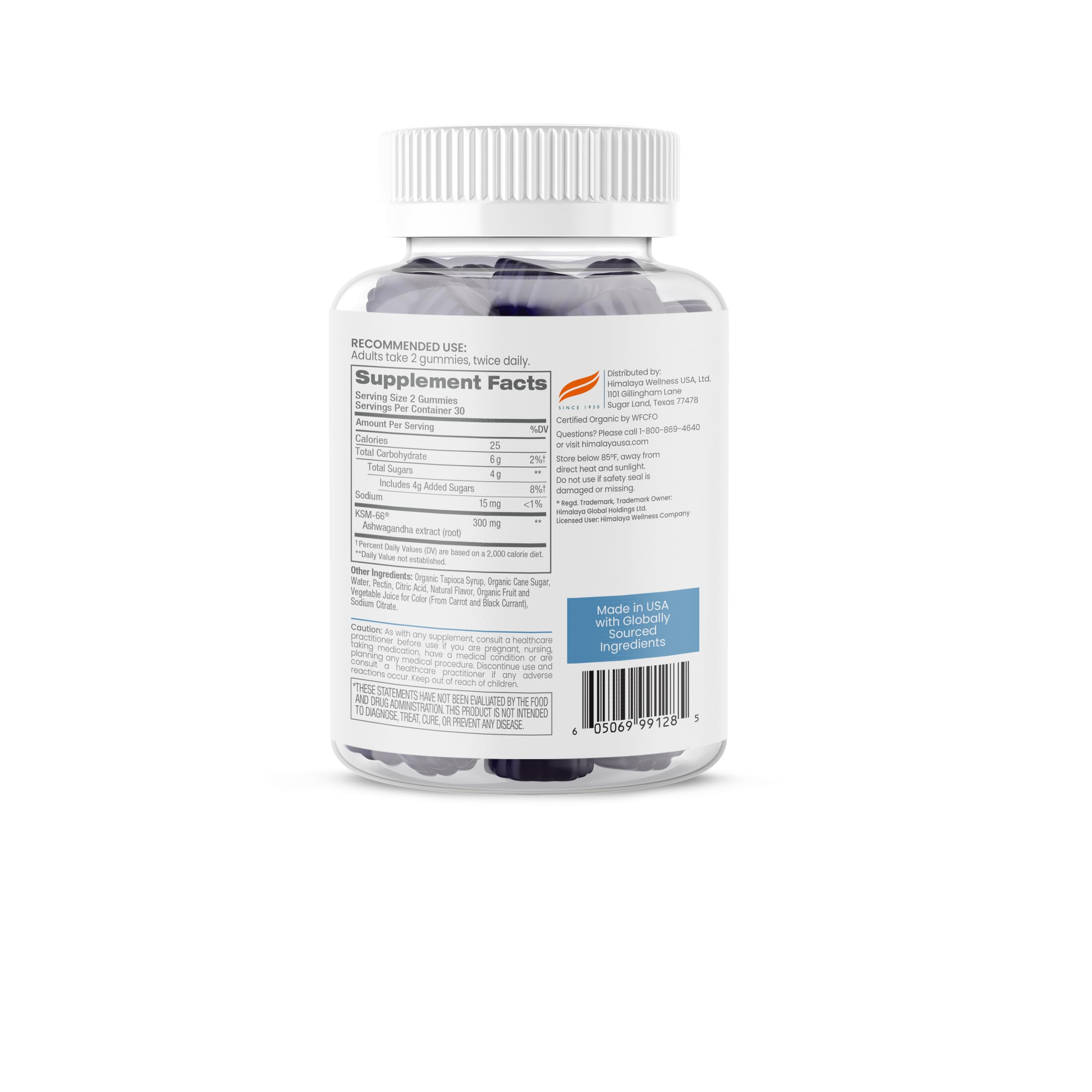 Himalaya Ashwagandha Gummies bottle nutrition panel showing 300 mg per serving and 600 mg daily.